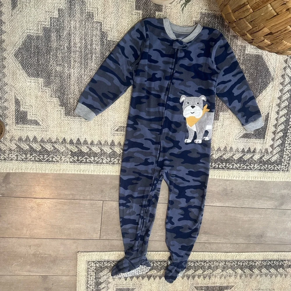 Carter's 5T Boy Camo Fleece Zip Footie Pajamas Navy Camouflage with Dog Design